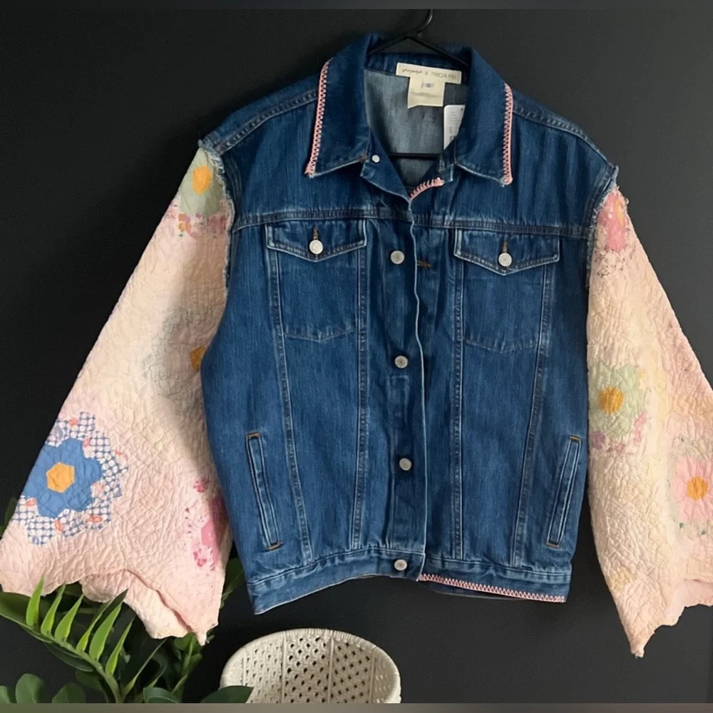 Nwt Free people x Tricia Fix Blue Denim patch work bell sleeve Jacket nwt - Picture 1 of 9